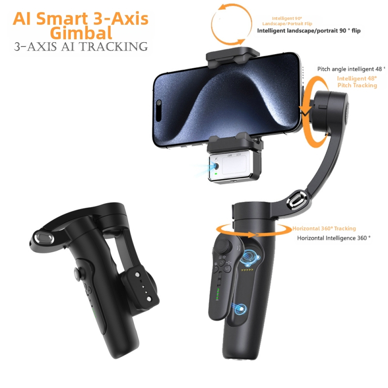 Gimbal inteligent pentru smartphone cu urmărire pe două axe, stabilizator cu trei axe și lumină magnetică portabilă pentru streaming live, rotire orizontală de 360° și înclinare verticală de 48°