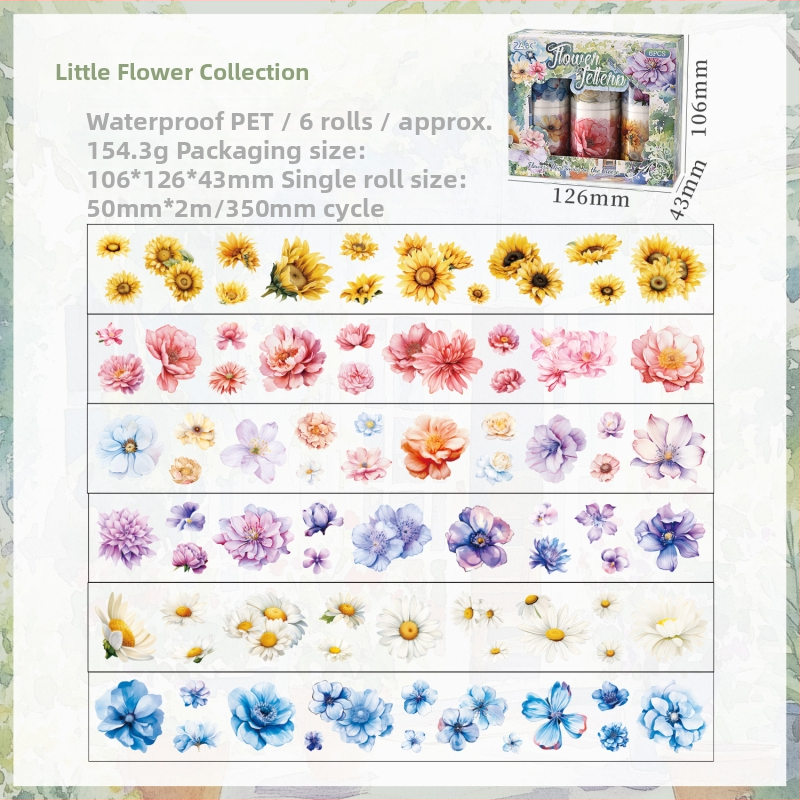 Комплект декоративни ленти с флорална тема, 2 стила, 6 ролки, самозалепващи, принтиран дизайн