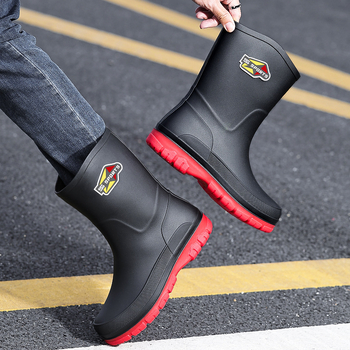 Vīriešu vidēja garuma lietus zābaki no PVC, plastmasas zole, mākslīgās kažokādes iekšpuse, Slip-On