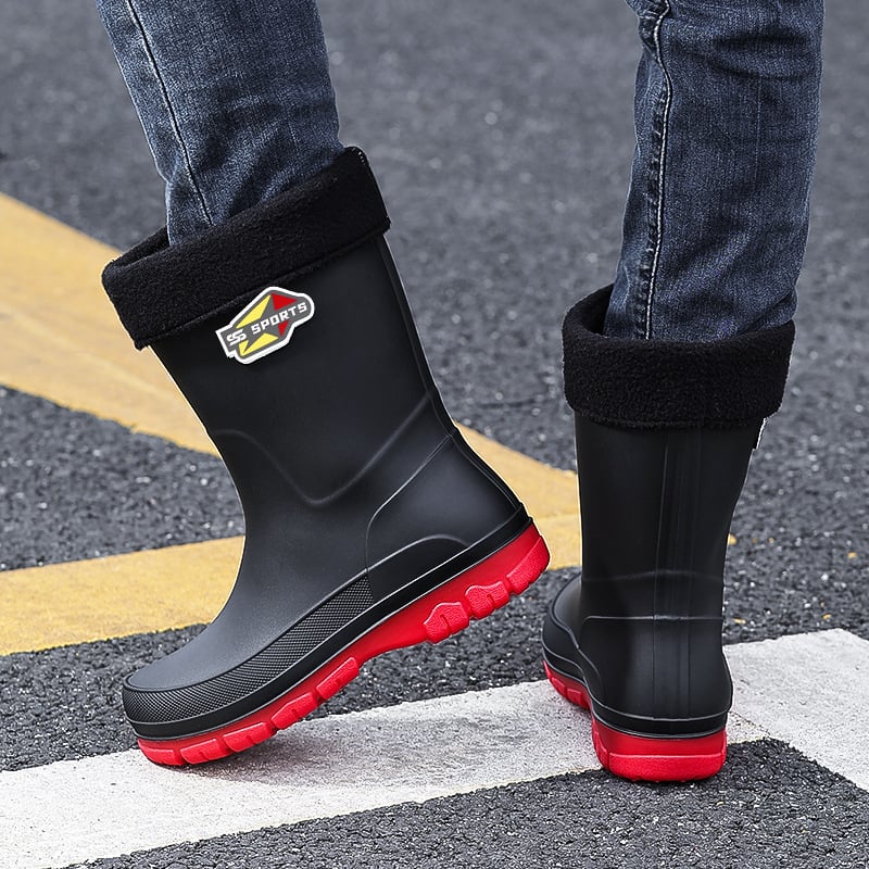 Vīriešu vidēja garuma lietus zābaki no PVC, plastmasas zole, mākslīgās kažokādes iekšpuse, Slip-On