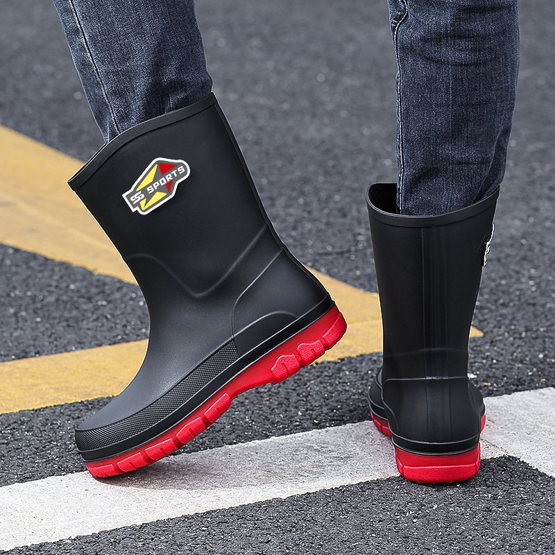 Vīriešu vidēja garuma lietus zābaki no PVC, plastmasas zole, mākslīgās kažokādes iekšpuse, Slip-On