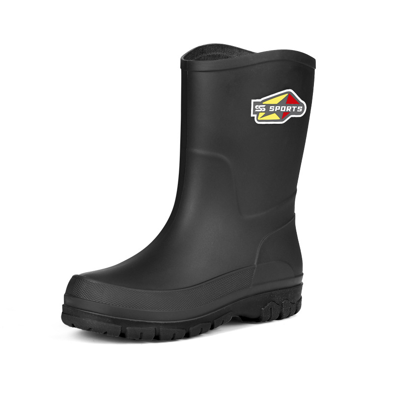 Vīriešu vidēja garuma lietus zābaki no PVC, plastmasas zole, mākslīgās kažokādes iekšpuse, Slip-On