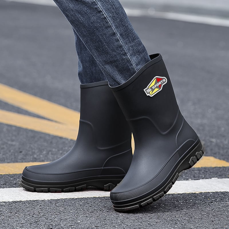 Vīriešu vidēja garuma lietus zābaki no PVC, plastmasas zole, mākslīgās kažokādes iekšpuse, Slip-On