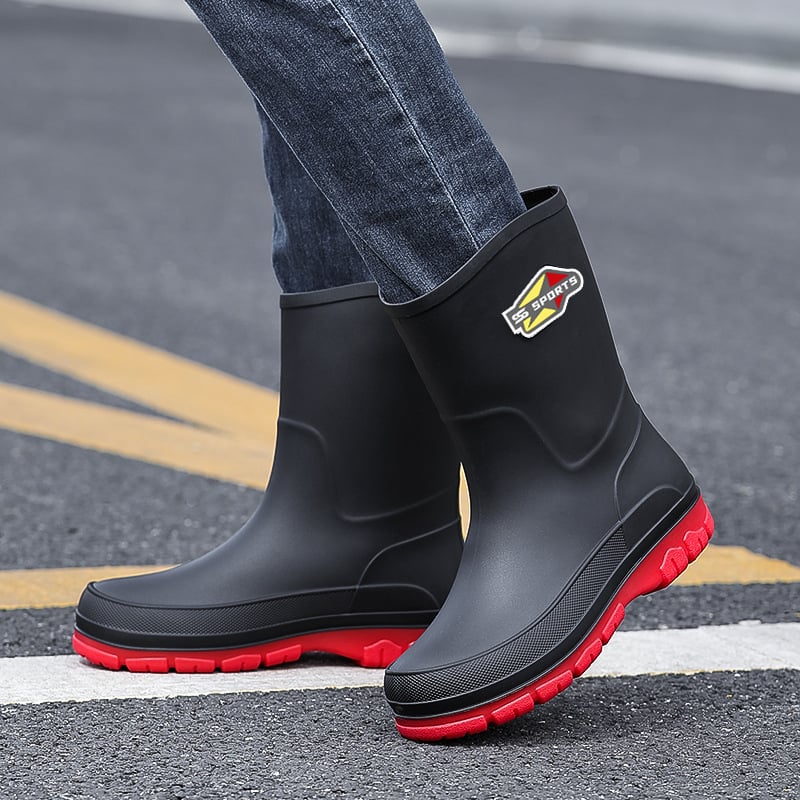 Vīriešu vidēja garuma lietus zābaki no PVC, plastmasas zole, mākslīgās kažokādes iekšpuse, Slip-On
