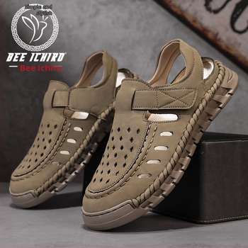 Ανδρικά Slip-On σανδάλια με ανοιχτό δάχτυλο, nubuk δέρμα στο πάνω μέρος, σόλα από καουτσούκ, διαπνοή, αντιολισθητικά