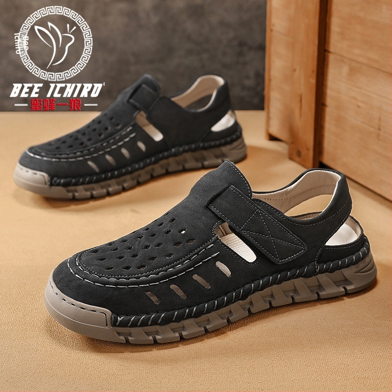 Pánske Slip-On sandále s otvoreným prstom, nubuková koža na vrchu, gumová podrážka, priedušné, protišmykové