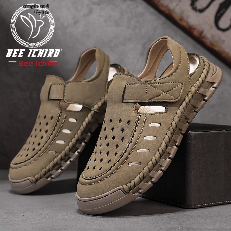 Pánske Slip-On sandále s otvoreným prstom, nubuková koža na vrchu, gumová podrážka, priedušné, protišmykové