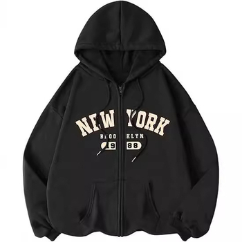 Φούτερ με κουκούλα και φερμουάρ, αλφαριθμητική εκτύπωση, χαλαρή γραμμή, ιαπωνοκορεατικό casual στυλ, 70–80% πολυεστέρας