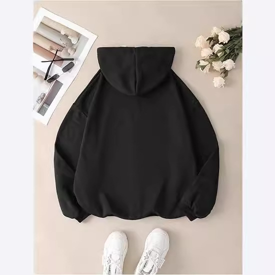 Kapucnis cipzáros pulóver alfanumerikus nyomtatással, laza szabású, japán-koreai városi stílus, 70–80% poliészter