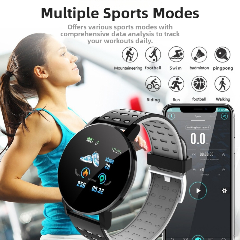 Chytrý náramok s meraním srdcového tepu, krvného tlaku, monitorovaním spánku, okysličovania krvi a počítaním krokov — silikónový remienok, okrúhly ciferník