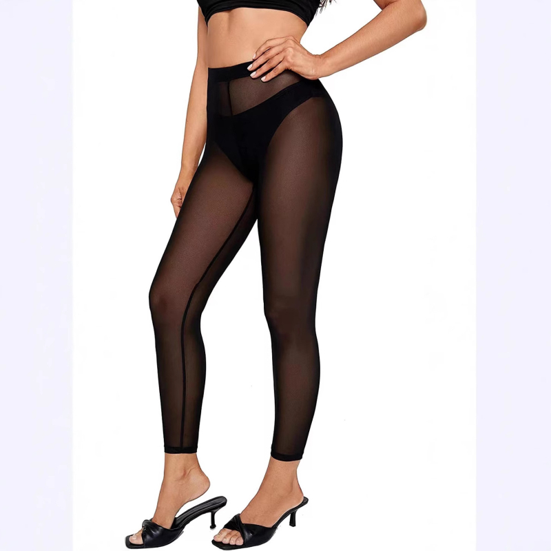 Hálós anyagú leggings, magas derekú, cropped hossz, ultra vékony, poliészter