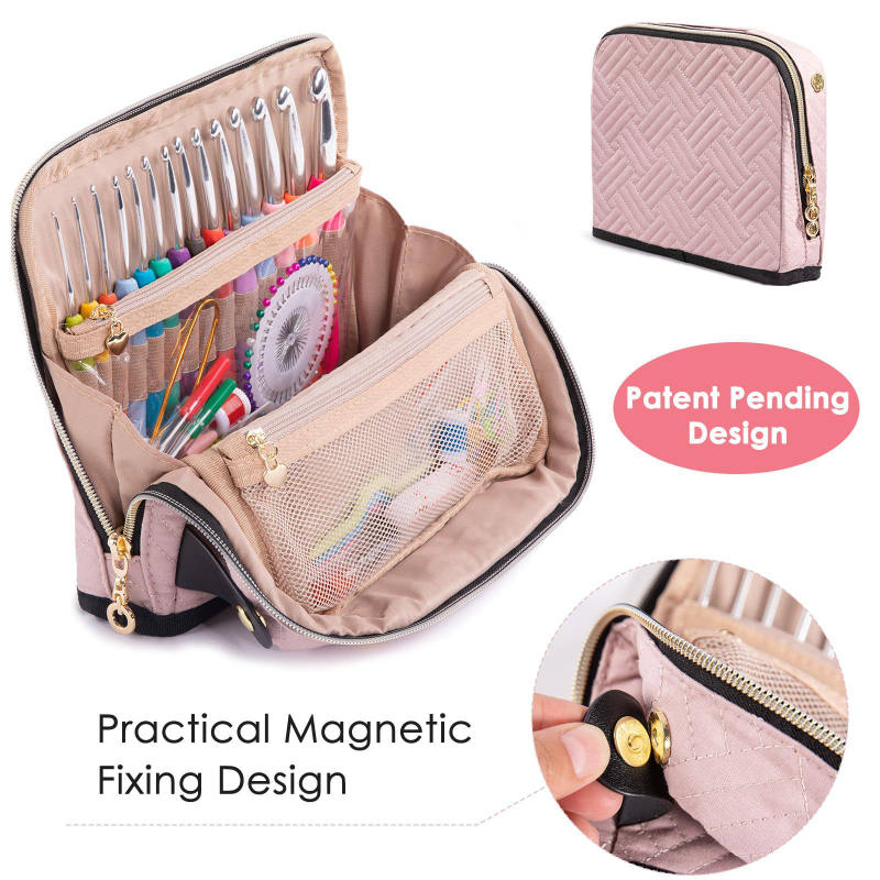 Geantă cu set de unelte pentru croșetat – Quilted, personalizabilă, portabilă; stil geantă de mână, material Peach Skin, spații de depozitare multipurpose pentru călătorii și living, model Z50