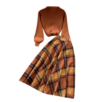 Σετ δύο τεμαχίων: πλεκτό τοπ και φούστα μίντι, ύφασμα πολυεστέρα, μακριά μανίκια, γυναικεία μόδα