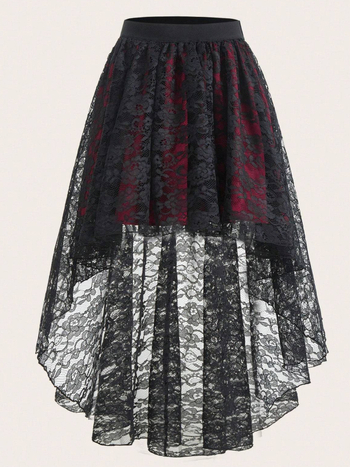Női midi szoknya csipkével az elején, hátul hosszú kialakítással, két rétegű, elasztikus derekú, enyhe nyúlású poliészter anyagból