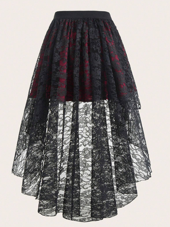 Дамска миди пола с дантелен дизайн: предна част къса, задна част дълга; двуетажна конструкция; полиестерна материя; ластична талия; леко разтягане