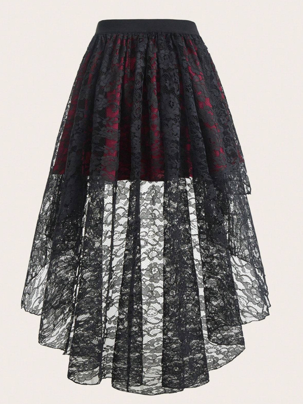 Női midi szoknya csipkével az elején, hátul hosszú kialakítással, két rétegű, elasztikus derekú, enyhe nyúlású poliészter anyagból