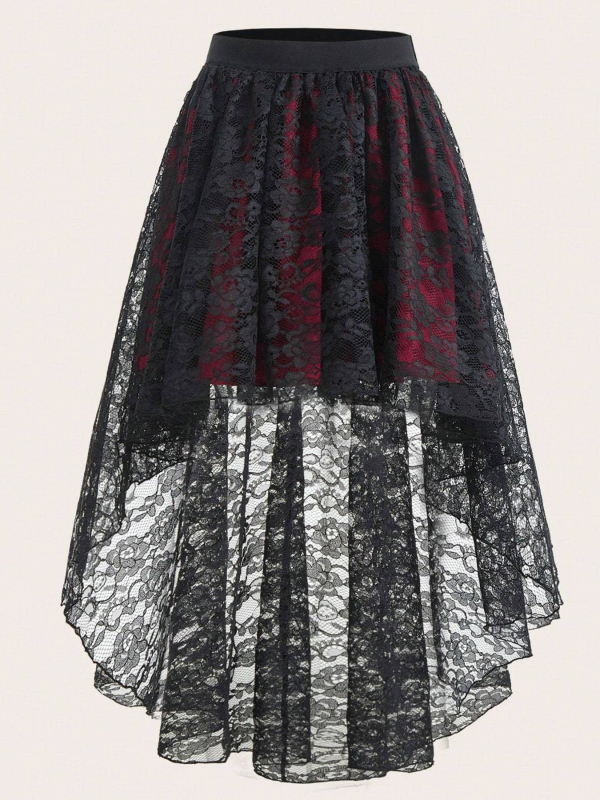 Női midi szoknya csipkével az elején, hátul hosszú kialakítással, két rétegű, elasztikus derekú, enyhe nyúlású poliészter anyagból