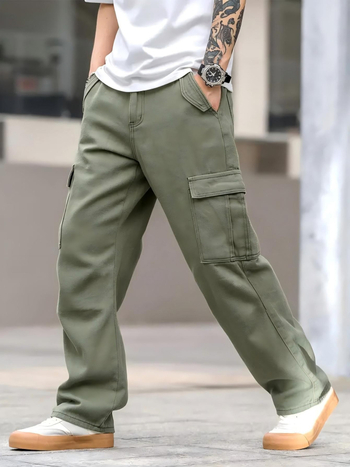 Мъжки карго дънки със странични джобове и клапани, свободна кройка, средна талия, цип, 78% памук