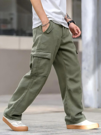 Мъжки карго дънки със странични джобове и клапани, свободна кройка, средна талия, цип, 78% памук