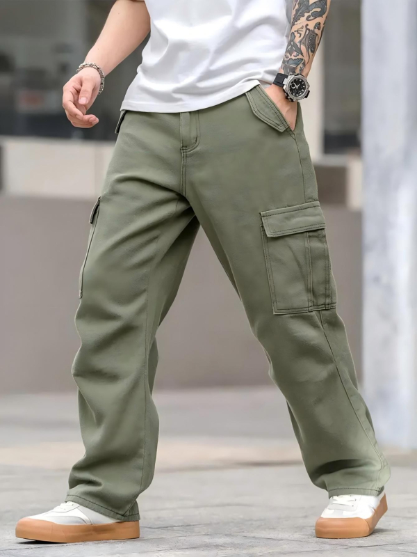 Мъжки карго дънки със странични джобове и клапани, свободна кройка, средна талия, цип, 78% памук