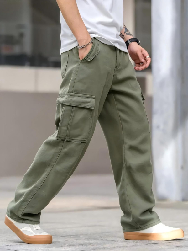 Мъжки карго дънки със странични джобове и клапани, свободна кройка, средна талия, цип, 78% памук