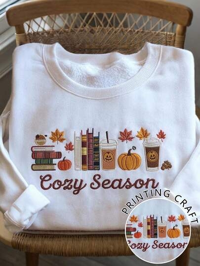 Lalippa Moterų su gobtuvu džemperis su raidėmis ir moliūgų siuvinėjimu, Poliesteris 95%+, ilgomis rankovėmis, vidutinio tankio, japonų-korejiečių kasdienis stilius