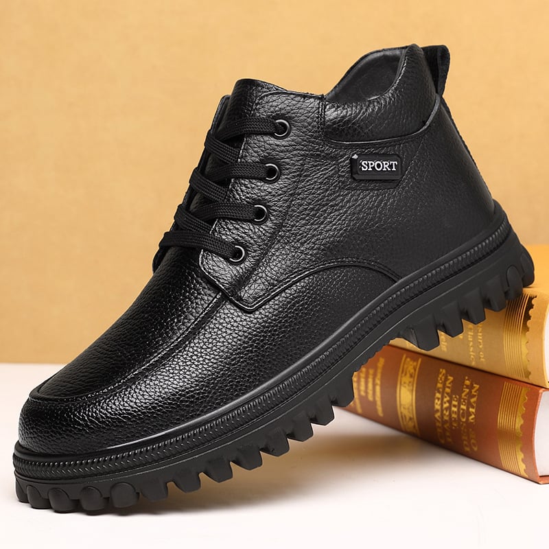 Vīriešu ziemas zābaki ar augstu augšu, pirmās kvalitātes āda, vilnas oderējums, ūdensnecaurlaidīga gumijas zole