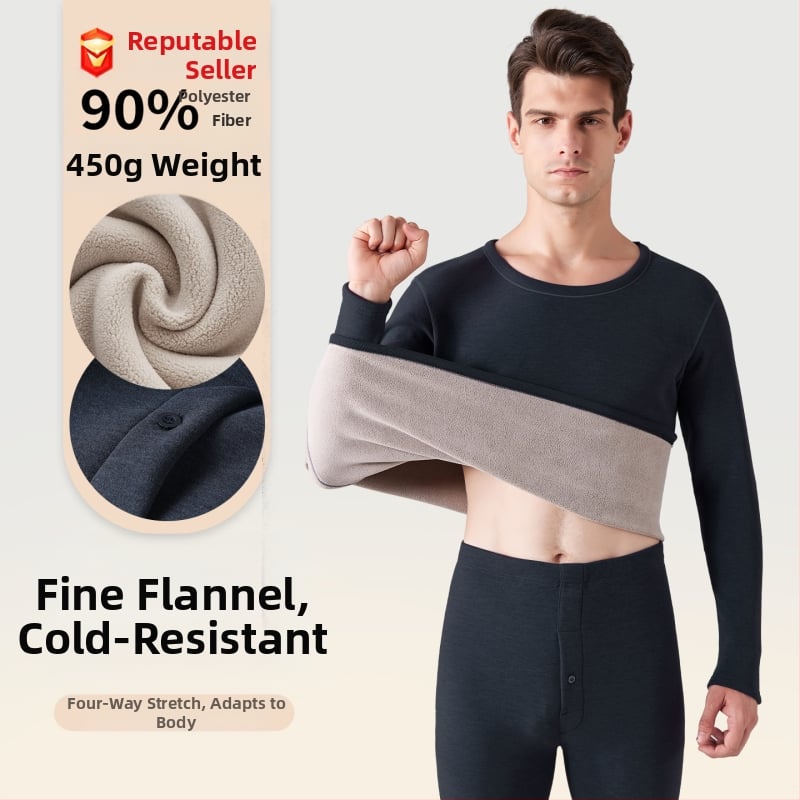 Ανδρικό σετ θερμικών εσωρούχων με επένδυση φλίς, πολυεστέρας 90–95%, παχύ ύφασμα 251–300 g/m², στρογγυλός λαιμός, μακριά μανίκια, παντελόνια