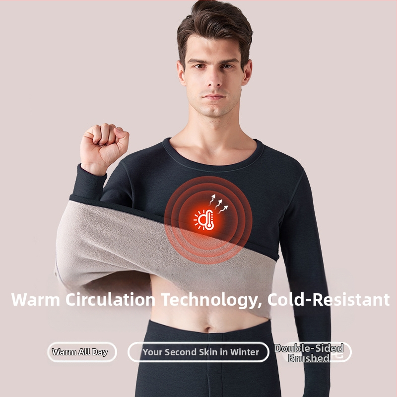 Ανδρικό σετ θερμικών εσωρούχων με επένδυση φλίς, πολυεστέρας 90–95%, παχύ ύφασμα 251–300 g/m², στρογγυλός λαιμός, μακριά μανίκια, παντελόνια