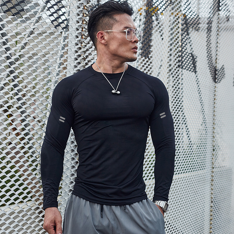 Ανδρικό μακρυμάνικο συμπιεστικό βασικό ρούχο για προπονήσεις μπάσκετ — γρήγορο στέγνωμα, ύφασμα συνθετικό με 90% νάιλον, αναπνέουσα επένδυση, κατάλληλο για fitness, τρέξιμο και ποδηλασία