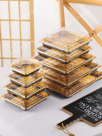 Ορθογώνιος δίσκος μιας χρήσης για σούσι-σασίμι με καπάκι, υλικό PS, εκτύπωση λογότυπου: Ναι, φούρνος μικροκυμάτων: Όχι, βιοδιασπώμενο: Όχι