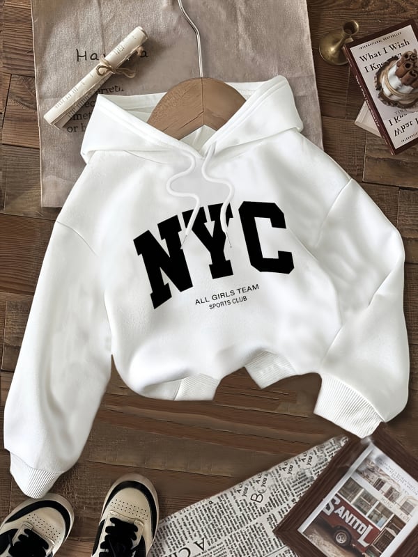 Γυναικεία κοντή φούτερ με κουκούλα – Σχέδιο Νέα Υόρκη και εκτύπωση `All s Have Dreams`; Μοτίβο: Letters/Numbers/Text; Μανίκια: Μακριά; Μήκος: Κοντό; Υλικό: Πολυεστέρας 95%+