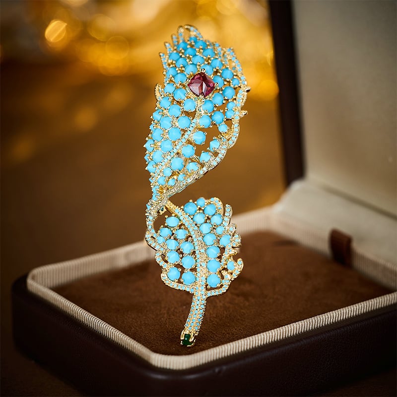 Réz levél alakú bross türkiz betéttel és levelekkel, retro stílus XR14039