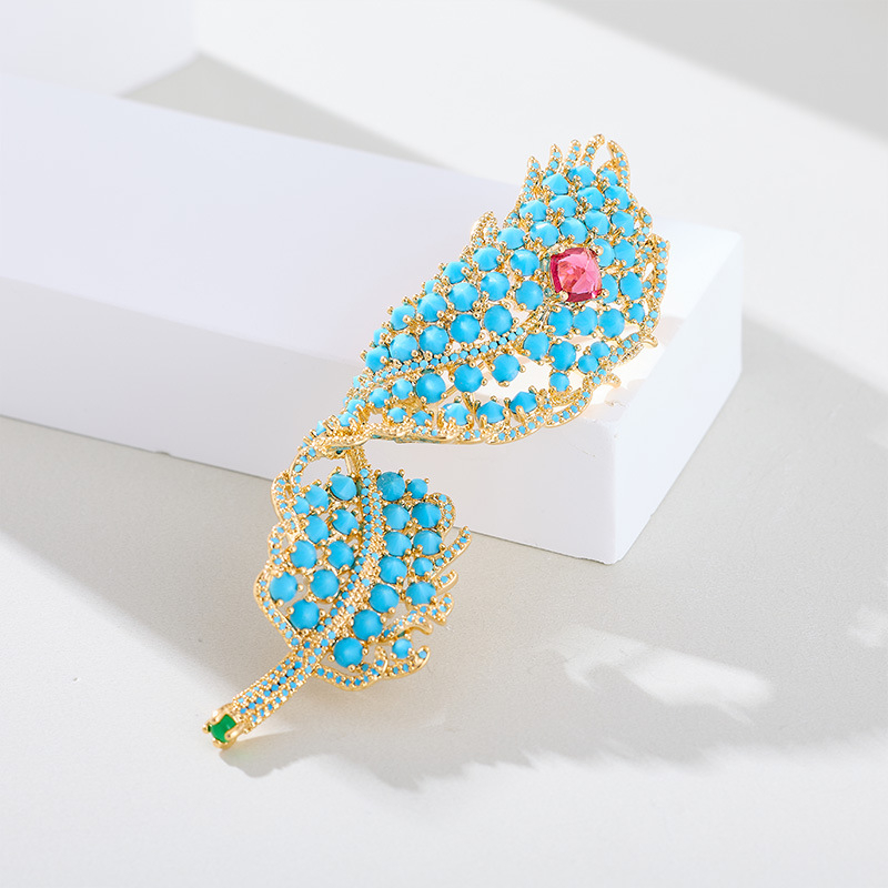 Réz levél alakú bross türkiz betéttel és levelekkel, retro stílus XR14039