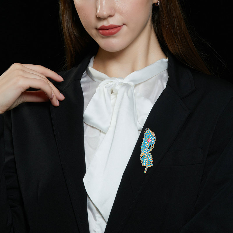 Réz levél alakú bross türkiz betéttel és levelekkel, retro stílus XR14039