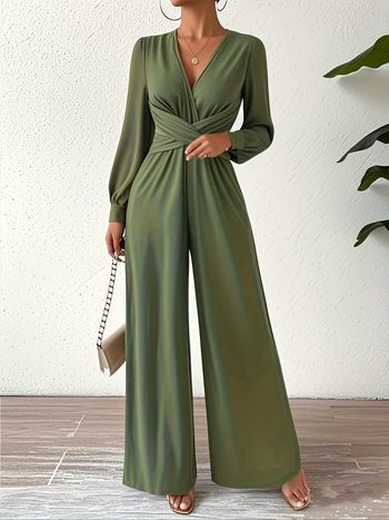 Női overál V-nyakkal és keresztbe megkötött derékkal; poliészter-spandex keverék; magas derék; hosszú egyenes nadrág; szabályos ujjak