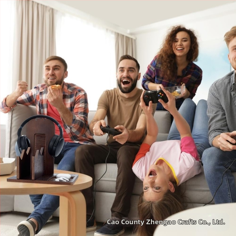 Drevený stojan na slúchadlá na stolný počítač a ukladanie gamepadu – 3-poschodový viacúčelový organizér počítačových doplnkov