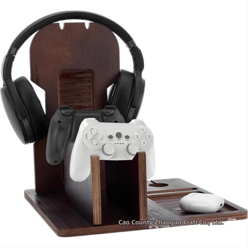 Drevený stojan na slúchadlá na stolný počítač a ukladanie gamepadu – 3-poschodový viacúčelový organizér počítačových doplnkov