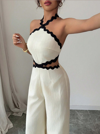 Női overall hullámzó csipke textúrával, ujjatlan, patchwork és lyukas részletekkel, poliészter, 2025 nyár