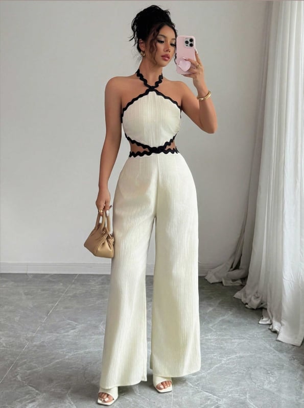 Női overall hullámzó csipke textúrával, ujjatlan, patchwork és lyukas részletekkel, poliészter, 2025 nyár