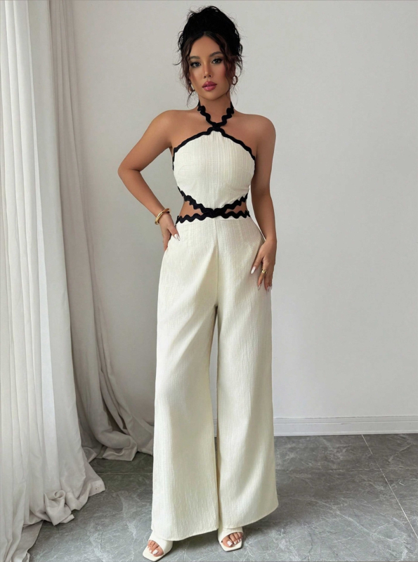 Női overall hullámzó csipke textúrával, ujjatlan, patchwork és lyukas részletekkel, poliészter, 2025 nyár