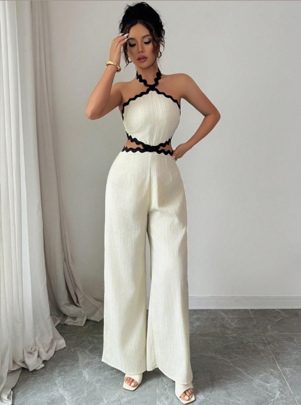 Női overall hullámzó csipke textúrával, ujjatlan, patchwork és lyukas részletekkel, poliészter, 2025 nyár