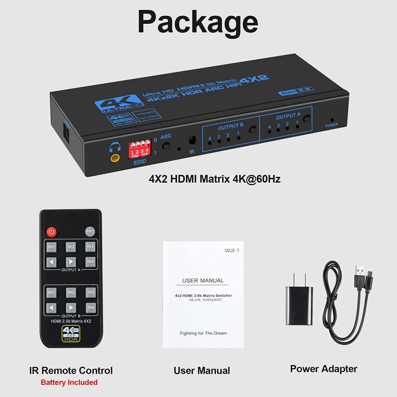 ORIGHT HDMI 4x2 matrica s razdjelom zvuka, ARC/HDCP2.2 podrška, 4K60Hz