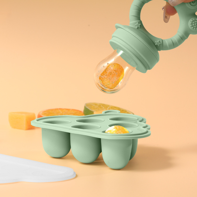 LX Silikoninis kūdikių maisto šaldymo indas su dangteliu, 6 skylės, kramtomojo komplektas