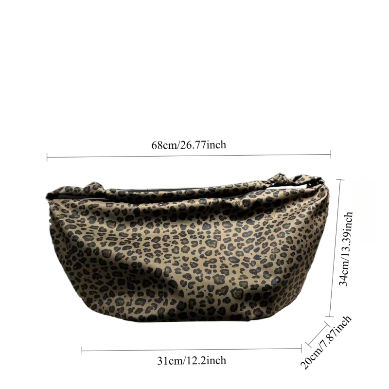 Moterų pečių rankinė su leopardų raštu, nailono išorė, poliesterio pamušalas, horizontaliai stačiakampė forma, užsegimas užtrauktuku
