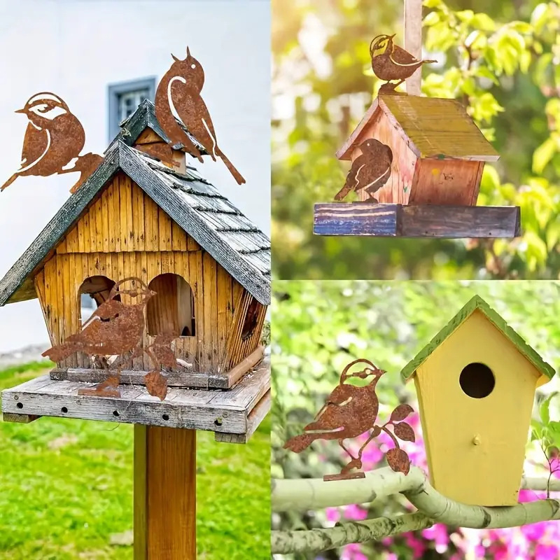 Penki geležiniai paukščių skulptūros lauko sodo dekorui – pastoralinis stilius