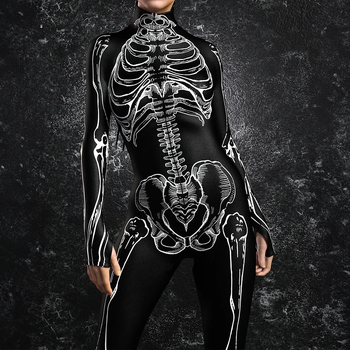 Φόρμα με σχέδιο σκελετού, στενή εφαρμογή, μακριά μανίκια, μακρύ μήκος, πολυεστερικό ύφασμα 91-100%