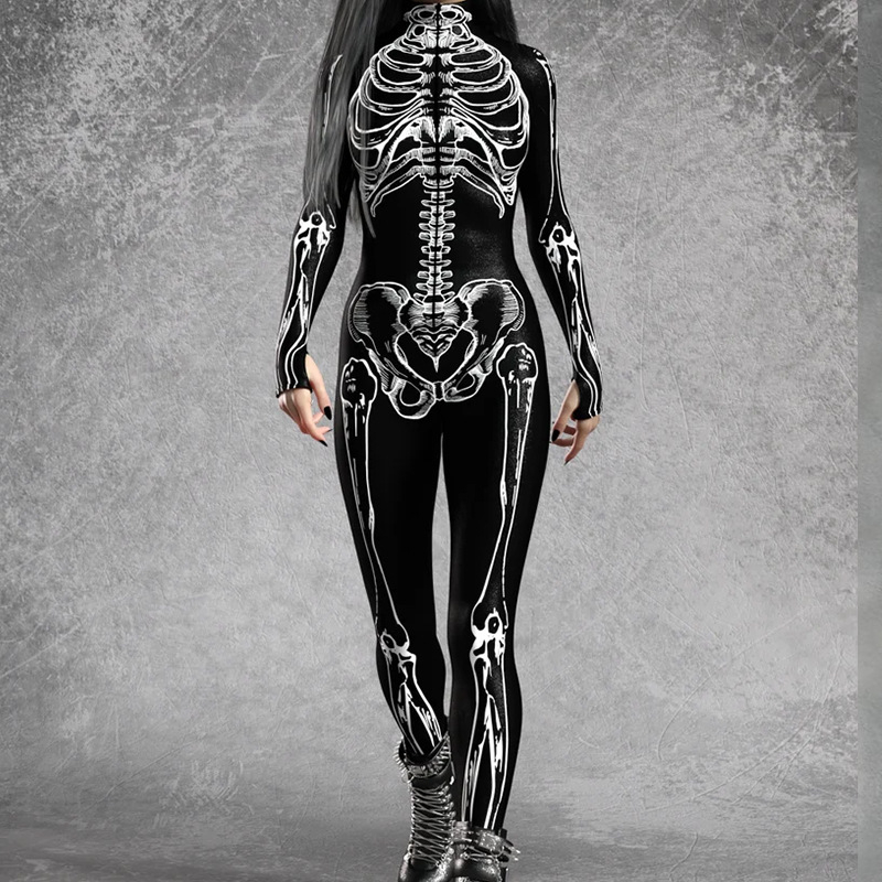 Kombinezonas su skeletų raštu, siauras kirpimas, ilgos rankovės, ilgas ilgis, poliesterio audinys 91-100%