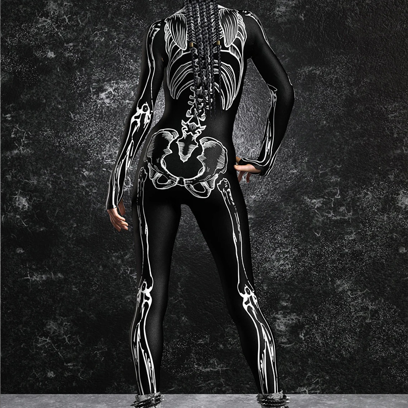 Kombinezonas su skeletų raštu, siauras kirpimas, ilgos rankovės, ilgas ilgis, poliesterio audinys 91-100%