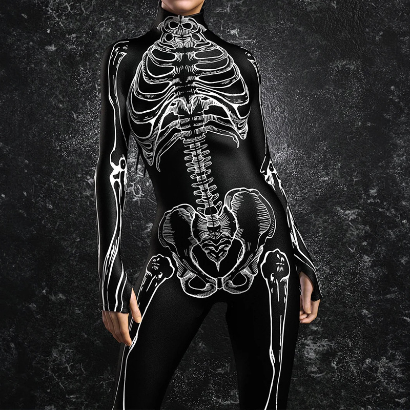 Kombinezonas su skeletų raštu, siauras kirpimas, ilgos rankovės, ilgas ilgis, poliesterio audinys 91-100%